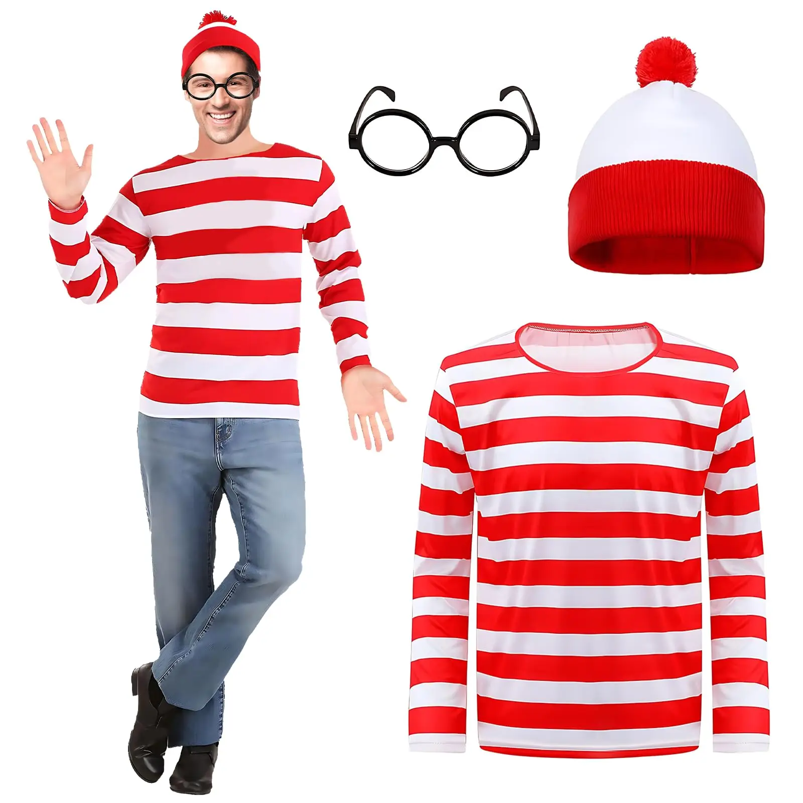 

Adult Wally Costume Red White Stripe T-Shirt Hat Glasses Socks Wally Outfit Set World Book Day For Halloween Party Cosplay Props