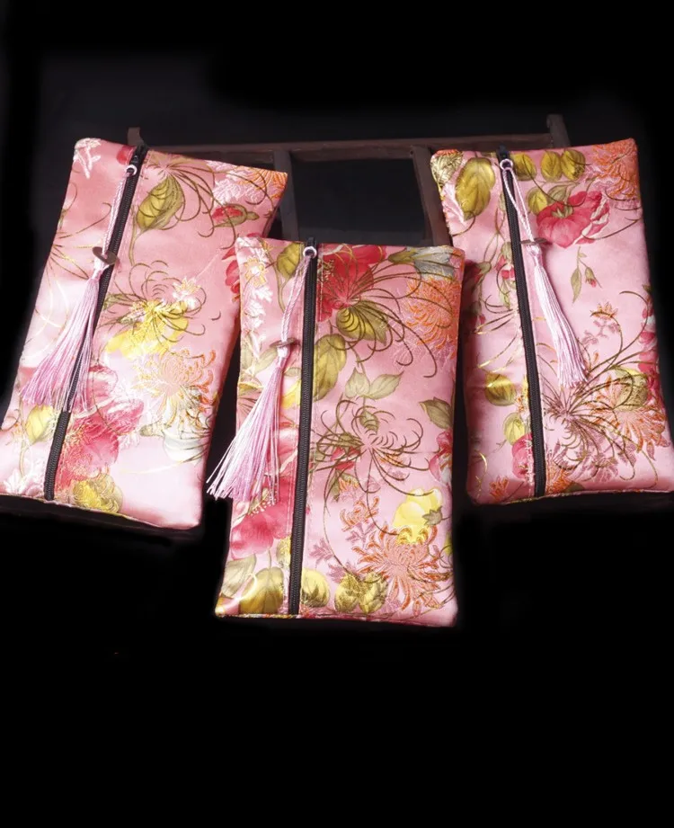 10pcs Custom Chinese Large Cloth Zipper Gift Pouch Wholesale Silk Brocade Coin Purse Fabric Glasses Cell Phone Makeup Bags