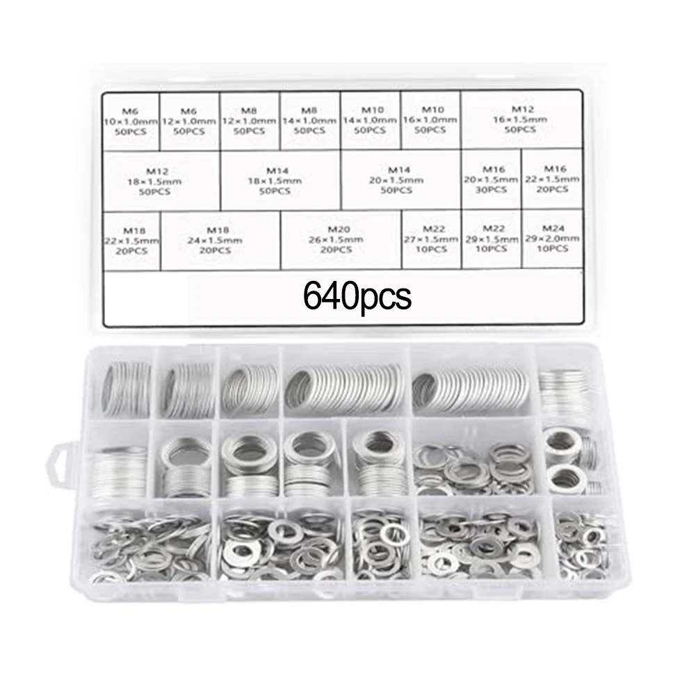 640 قطعة حلقة لإحكام الإغلاق من الألومنيوم تشكيلة متري M6 إلى تصميم مسطح مجموعة ختم استنزاف الزيت للسيارات والبحرية