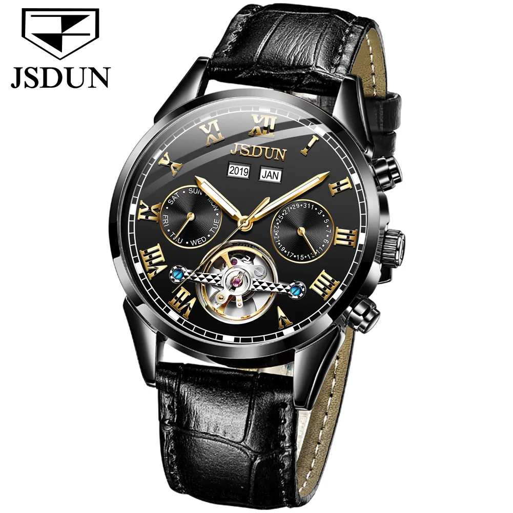 JSDUN 8908 Skeleton Flywheel Automatic Mechanical Men's Watches Fashion Luxury Leather Strap Waterproof Luminous Wristwatch Male