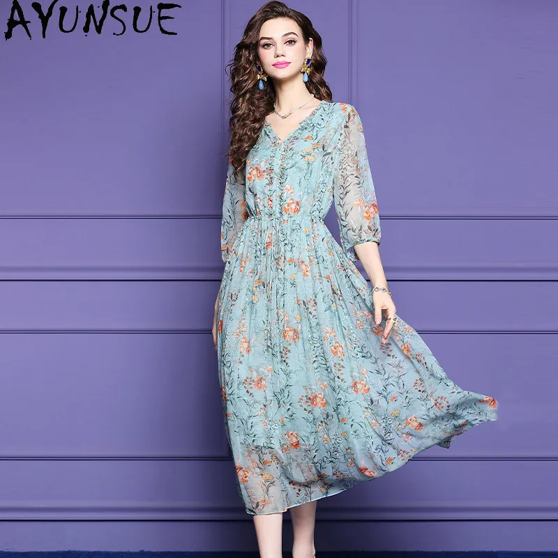 AYUNSUE 100% Natural Mulberry Silk Beach Dress High-end Elegant Dresses for Women Print Summer Woman Clothes 2026 Платье Женское