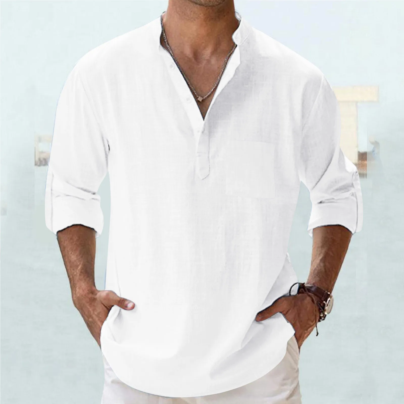 

Men's White Basic Shirts Long Sleeve Button Stand Collar Loose Casual T-Shirts 2024 Spring Autumn Beach Tees Camisas De Hombre