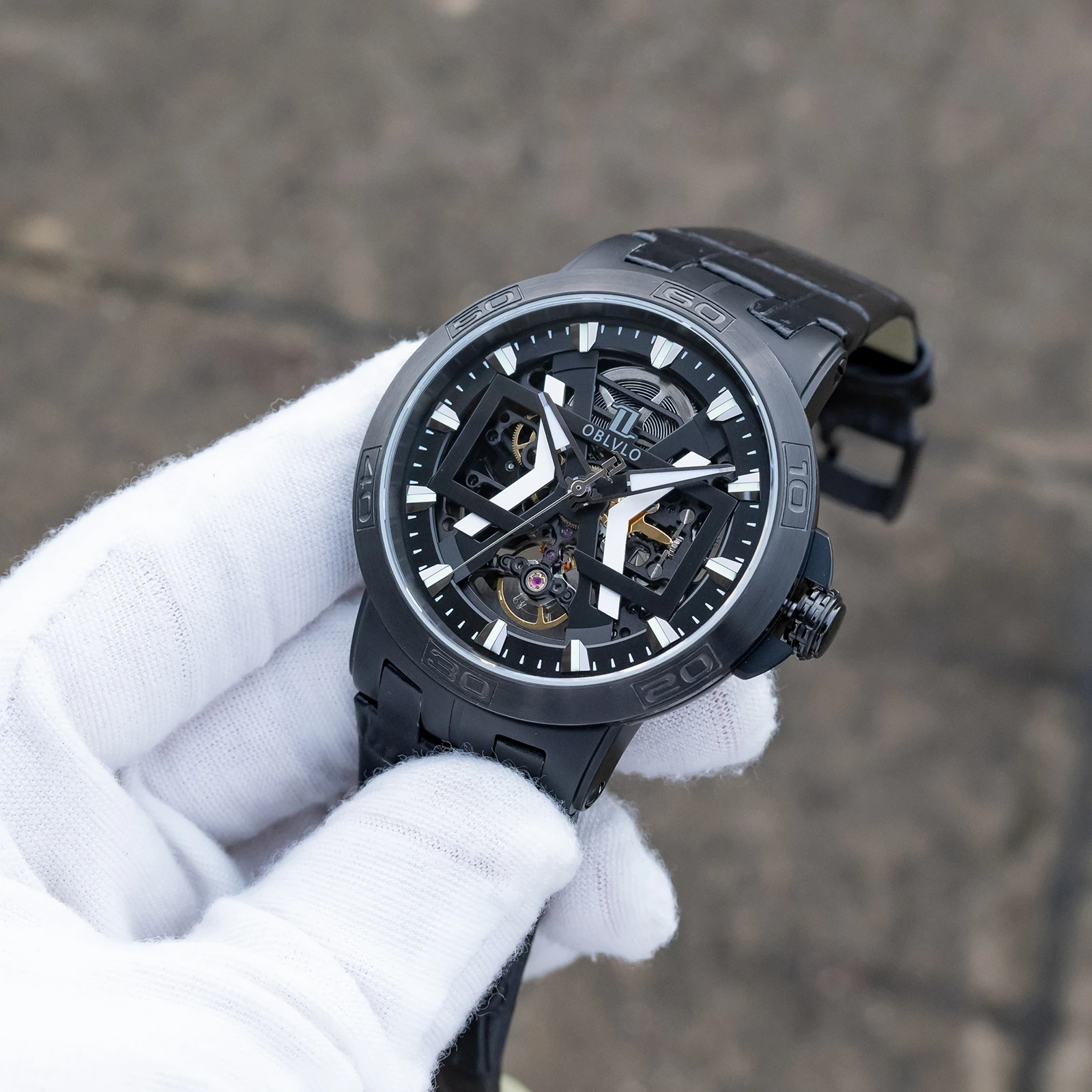OBLVLO Men's Blue Skeleton Automatic Watch Luminous See-through Mechanical Movement Waterproof Leather Military Style