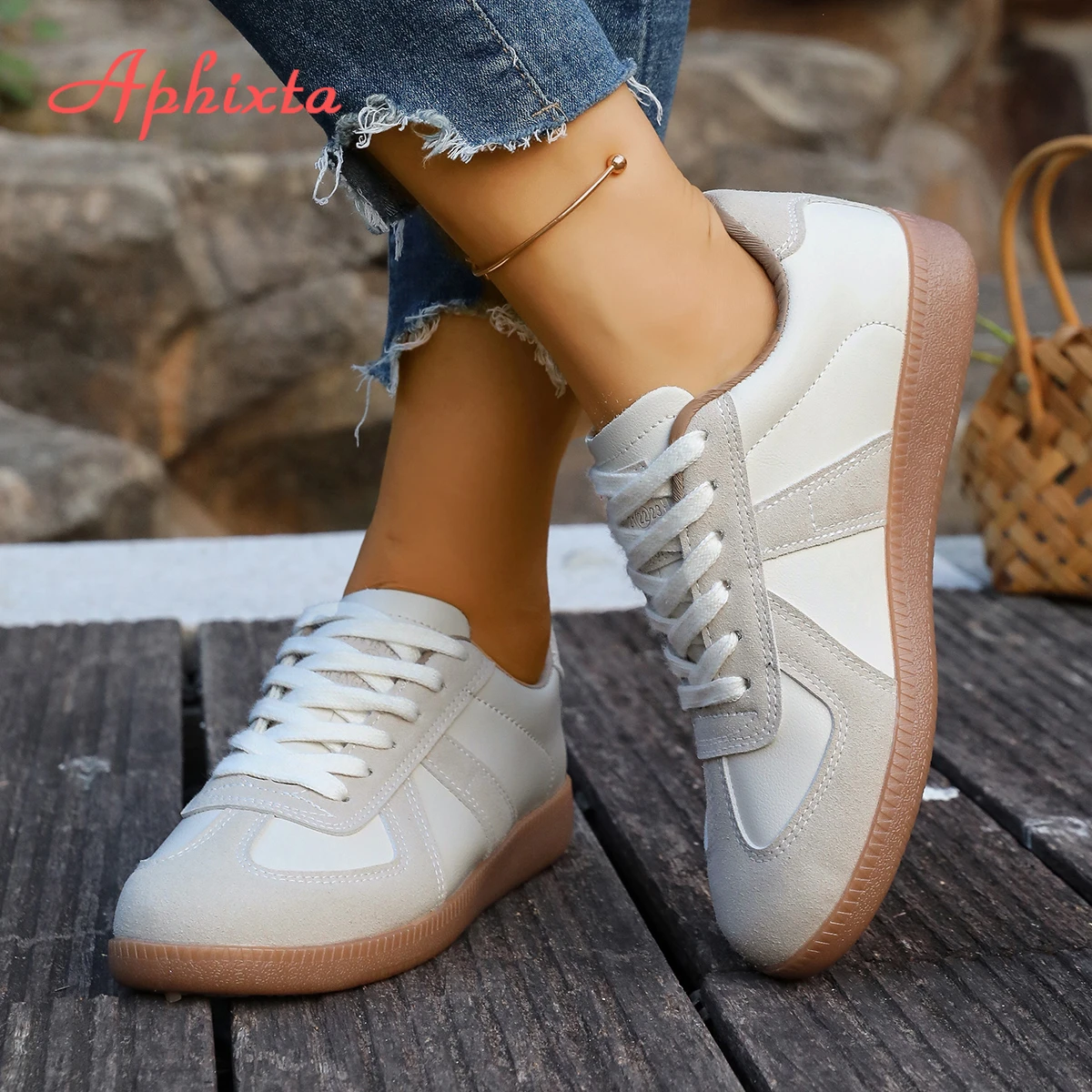 Aphixta 2025, zapatos informales clásicos para mujer, zapatos blancos con cordones Beige, zapatos ligeros para estudiantes de escuela, calzado deportivo de talla grande 44