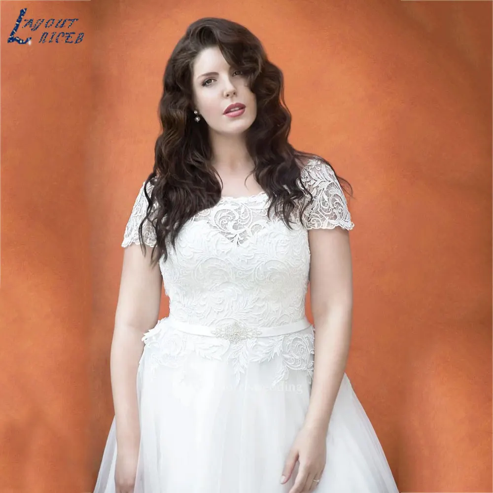 LAYOUT NICEB Applique Lace Plus Size Vestidos de Noiva A Linha Tule Vestidos De Casamento Mangas Curtas Voltar Lace Up vestidos de festa 2024LAYOUT NICEB Applique Lace Plus Size Vestidos de Noiva A Linha Tule Vestidos