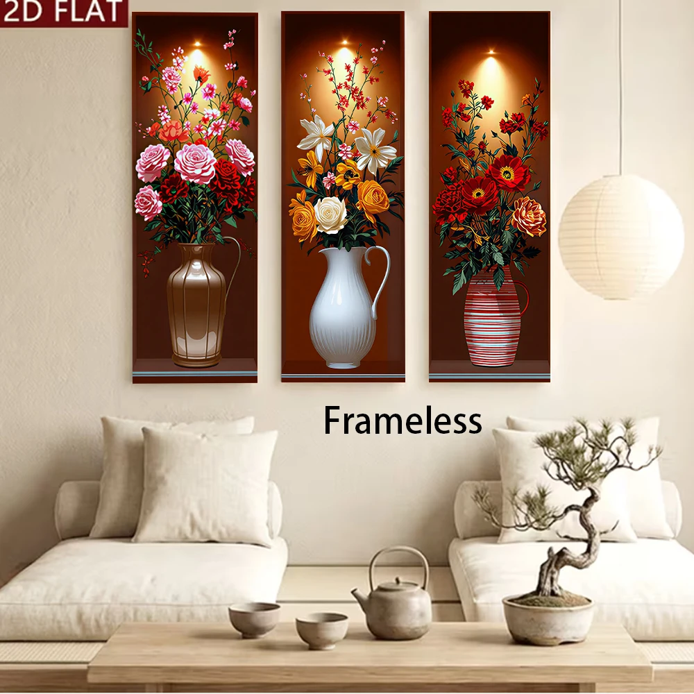 1 set of triple vase wall stickers, simulated flowers, living room entrance decoration, self-adhesive removable mural, modern si