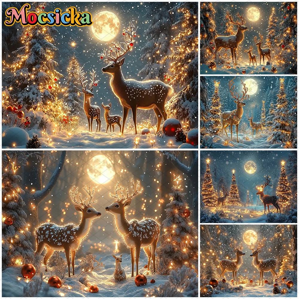 

Mocsicka Christmas Photography Background Xmas Tree Gifts Forest Deer Snowflake Decoration Kid Children Photo Backdrop Wallpaper