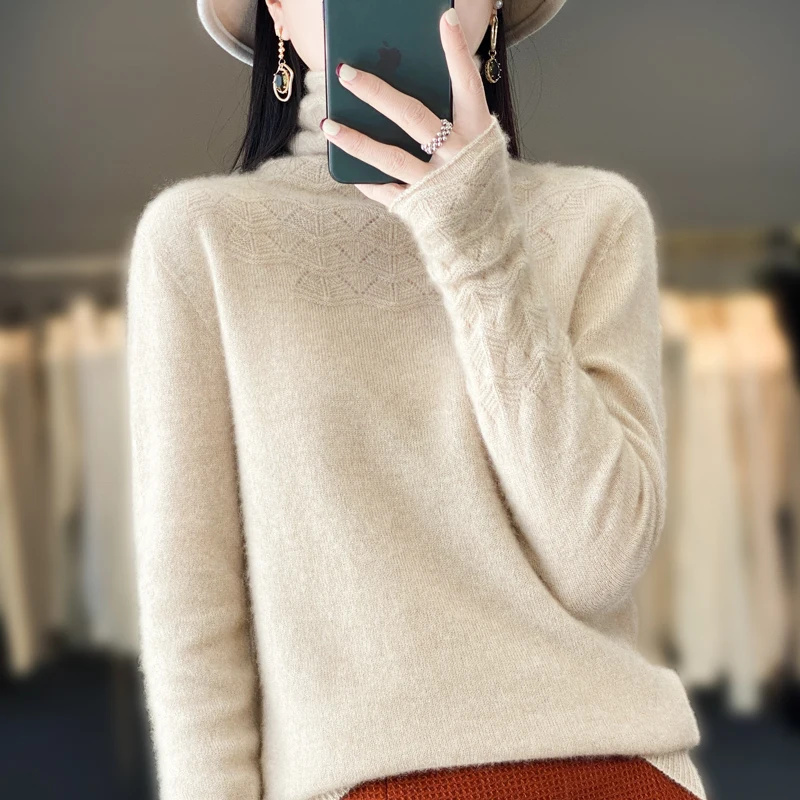 2023 Spring New Seamless Cashmere Sweater Women\'s Heap Neck Thread Hollow Knitted Top Fashion 100% Pure Wool Slim Fit  Pullover