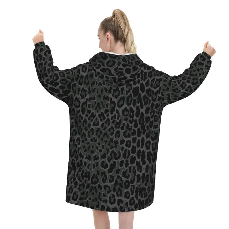 Dark Gray Black Leopard Cheetah Print Wearable Blanket Hoodie Oversized Pullover Sweatshirts Women Warm Fleece Hooded Blanket