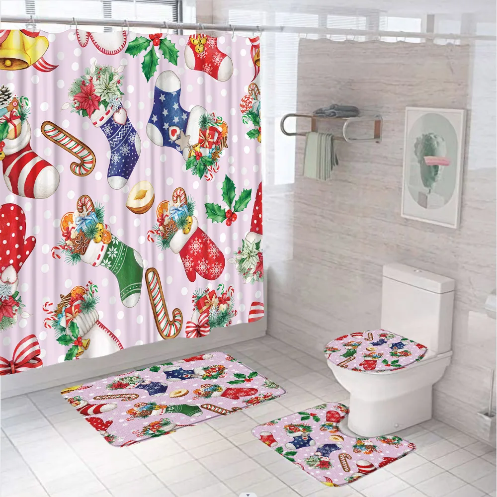 Christmas Socks Gloves Shower Curtain Set New Year Decor Fabric Bathroom Curtains Non-Slip Bath Mat Carpet Rug Lid Toilet Cover