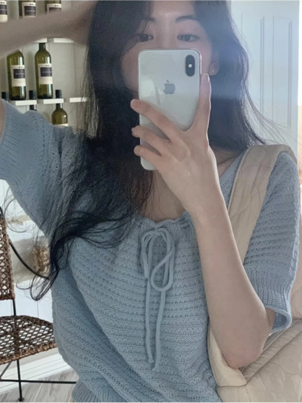 

Chic ort Sve Knitted Top Women's Thin Dstring ort Design Summer New Bubble Sve Blouse Korean Sle Loose Fit