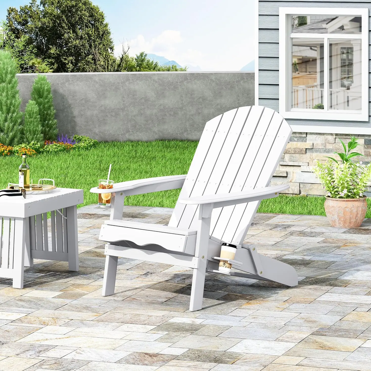 Outdoor Adirondack Chair with Cup Holders for Patio Garden Relaxation, White, Customized