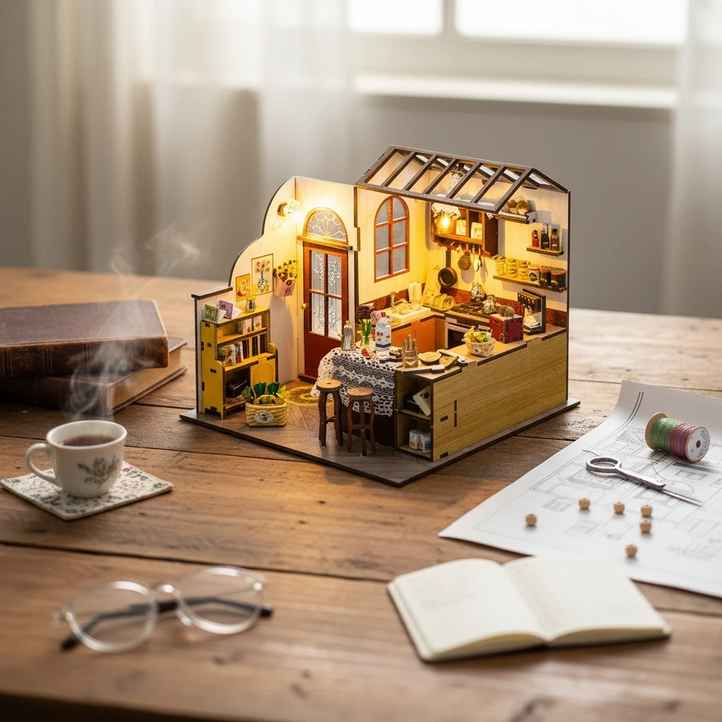 OUZEY DIY Kit de construção de villa de praia em miniatura - Casa de bonecas de madeira 3D com móveis, modelo de tema à beira-mar e presente de aniversário