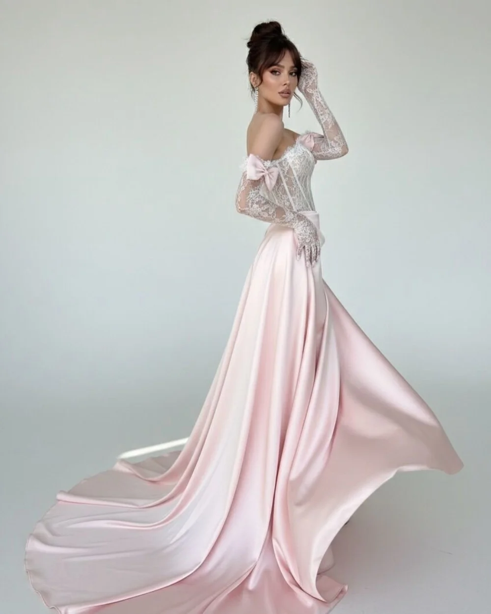 

Customized Pink Sexy Modest Bow Pleat Lace Mermaid Strapless Long Dresses Evening Dresses For Birthday Party Sizes Available