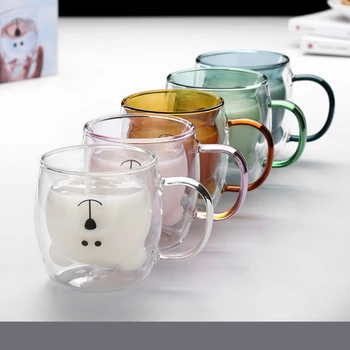Yaratıcı Sevimli Ayı Çift katmanlı Kahve Kupa Çift Cam Bardak Karton Hayvan Süt Cam Bayan Sevimli Kedi Ördek Köpek Hediye Noel Hediyesi