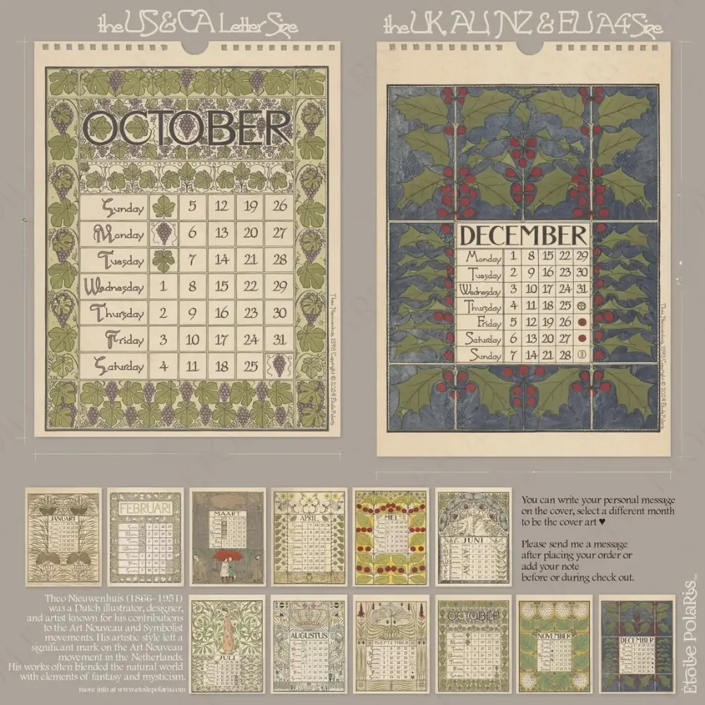 Art Nouveau 2025 Wall Calendar, Quirky Office & Home Decor, Vintage Style, Perfect for Christmas or Birthday Gifts, Calendar & P