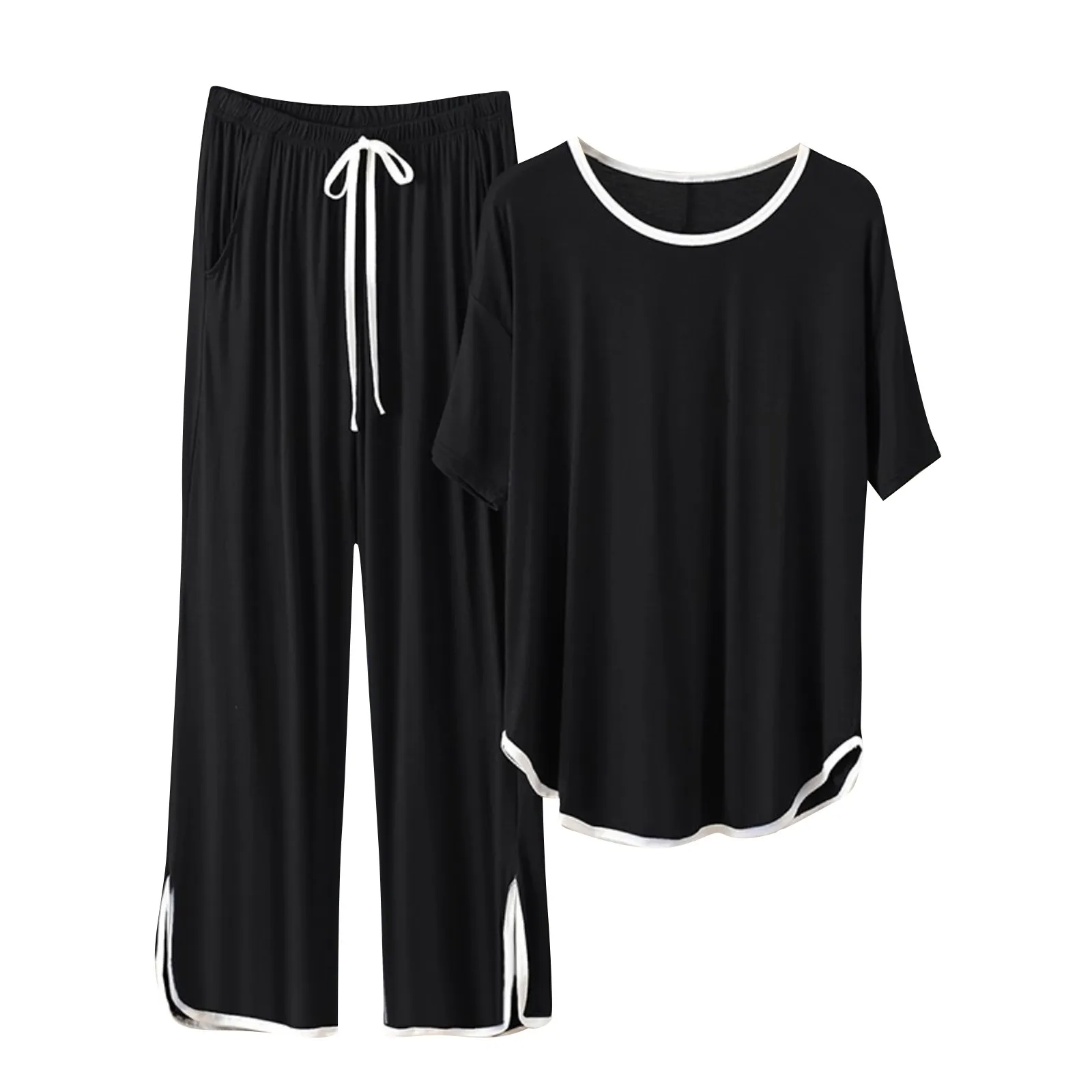 Large Size Solid Color Short Sleeved With Long Drawstring Pants Home Cloth Sets For Women Soft And Ice Silk Breathable Sleepwear