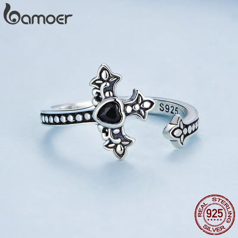 BAMOER Faith Cross Ring 925 Sterling Silver Black Zircon Vintage Pattern Open Ring for Women Statement Jewelry BSR298