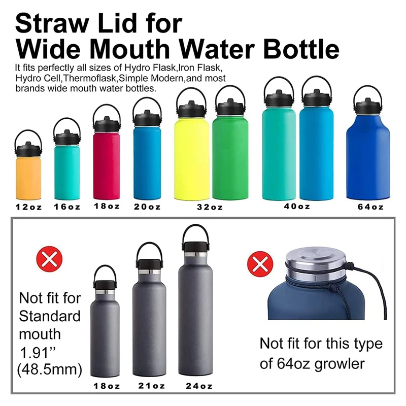 LDHL 2 Pack Straw Lid for Hydro Flask Wide Mouth 12Oz 18Oz 32Oz 40Oz 64Oz,Flexible Handle Replacement Lid Straws