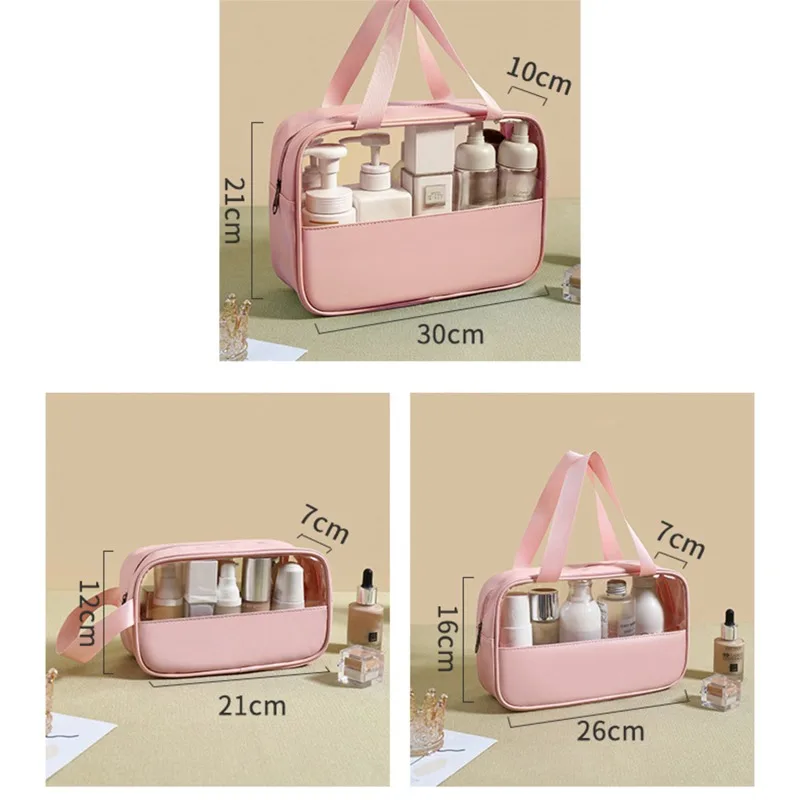 New Transparent Makeup Toiletry Bag Large Size Waterproof Swimming Bath Bags Simple PVC Tote Bag PU Splicing Cosmetic Bag