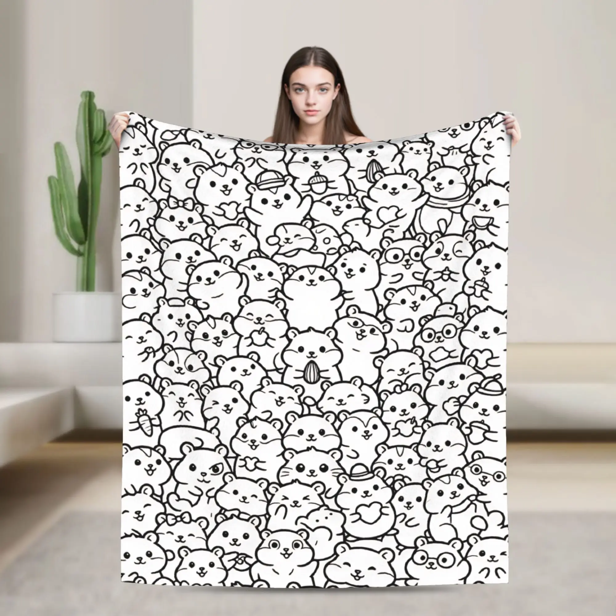 Warm Comfy Throw Blanket Travel Car Cute Hamster Doodle Collection Line Drawing Graphic Blanket  Flannel Bedspread Bed Cover