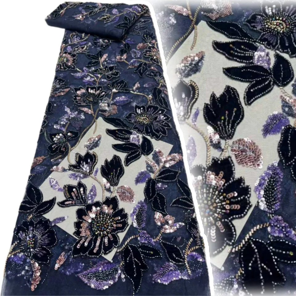 

African Elegant Beaded Lace Fabric High-Quality Mesh Embroidered with French Sequins for Women's Evening Dresses Sewing AH1379