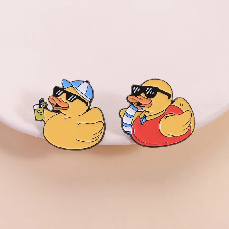 Cute Yellow Duck on Holiday Enamel Pins Funny Animal Duck With Sunglasses Enjoying Holiday Brooches Lapel Badge Jewelry Gifts