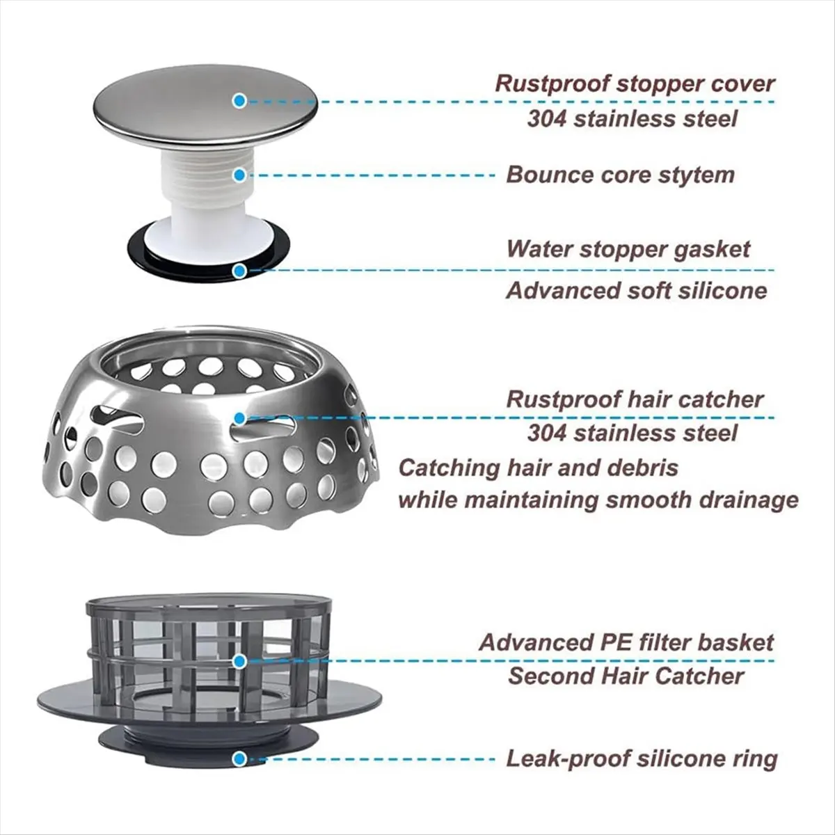 DT57 LATEST MODEL Bathtub Drain Stopper, -Up Tub Stopper with Strainer, Shower Drain Hair Catcher, Bathtub Plug Bath Drain Hole