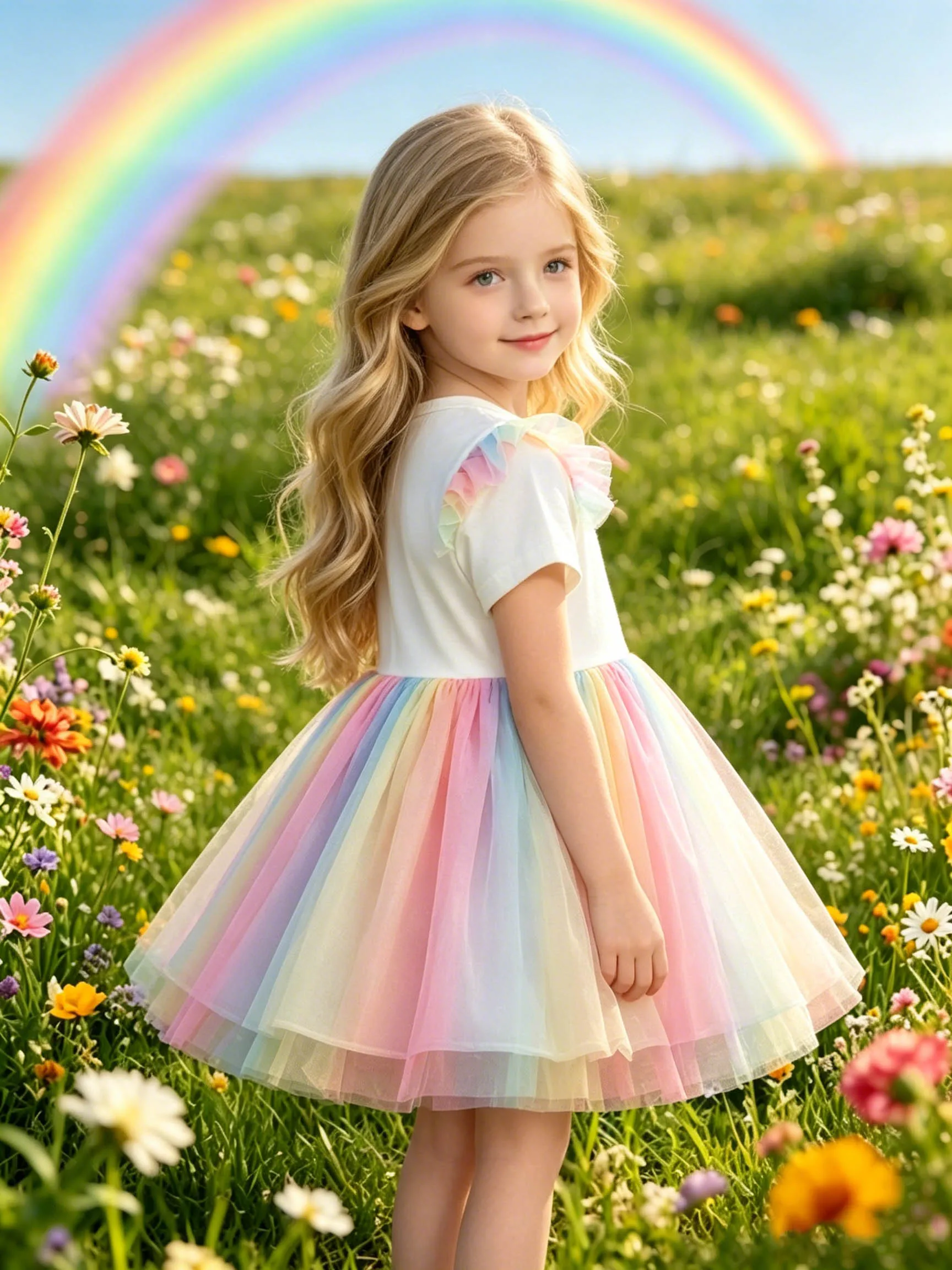 Korean-style Dreamy Unicorn Girls' Summer Outfit, Lightweight A-Line Mesh Dress with Rainbow Flutter Sleeves