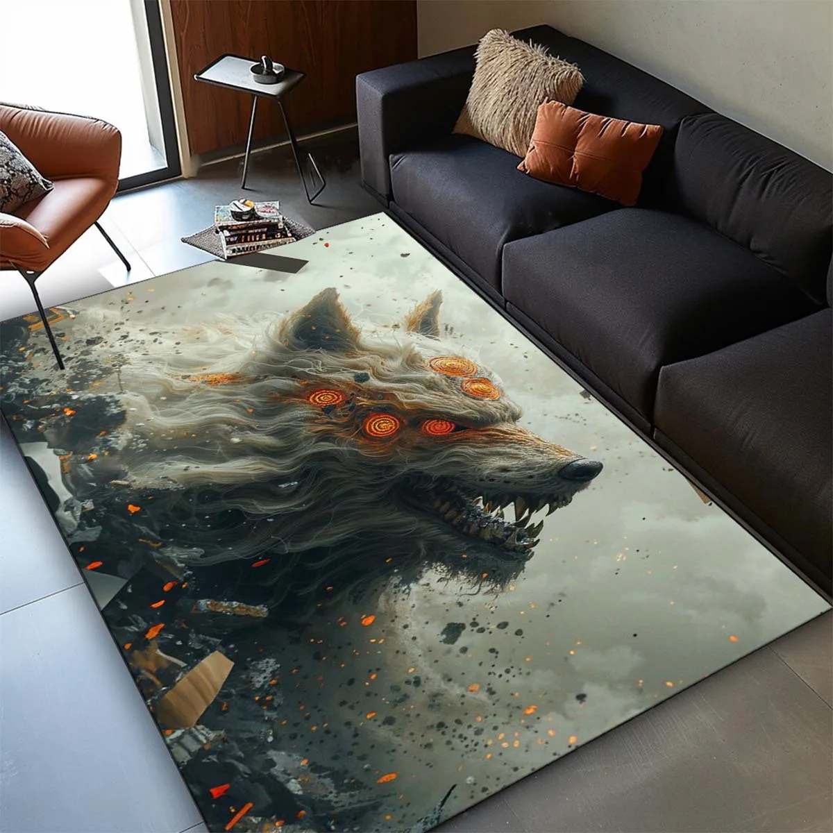 

1pc Wolf print pattern rug in ruins, crystal velvet fabric, suitable for bedroom and living room decoration