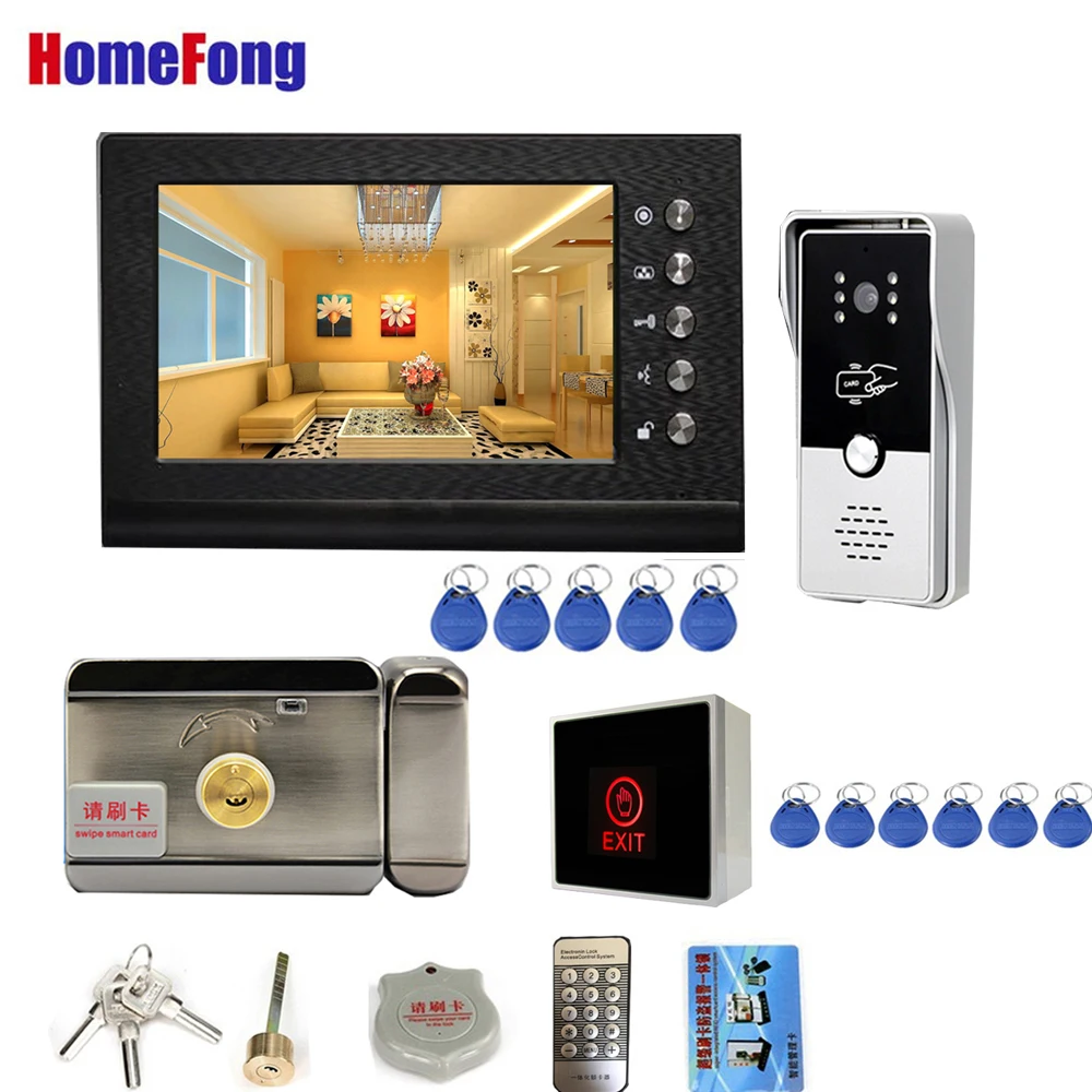 Homefong telepon pintu Video RFID, 7 inci dengan kunci elektronik Video interkom sistem kontrol akses pintu Unlock Talk malam