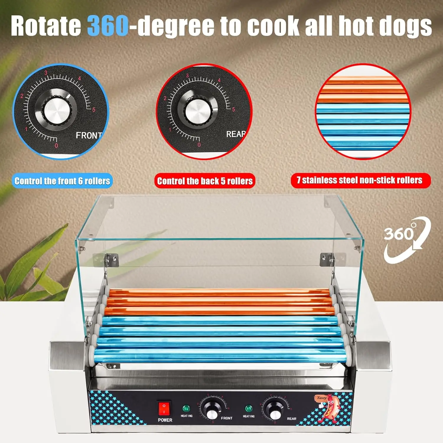 Hot Dog 7 Roller Machine Household Indoor Sausage 18 Hotdog Roller Grill Cooker Maker with Dust Cover 360°Stainless Ste