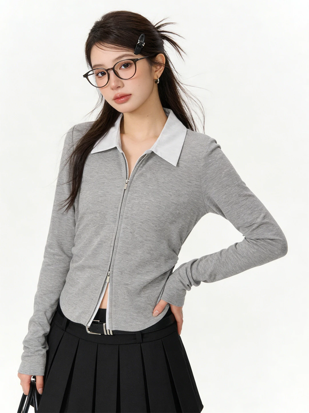 

Korean College Sle Ne Stripe Color Blo Pleated Waist Slimming Early Spring T-irt Double Zipper Open Cardigan