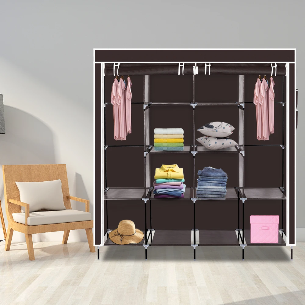 

67" Clothes Closet Portable Wardrobe Clothes Storage Rack 12 Shelves 4 Side Pockets Dark Brown