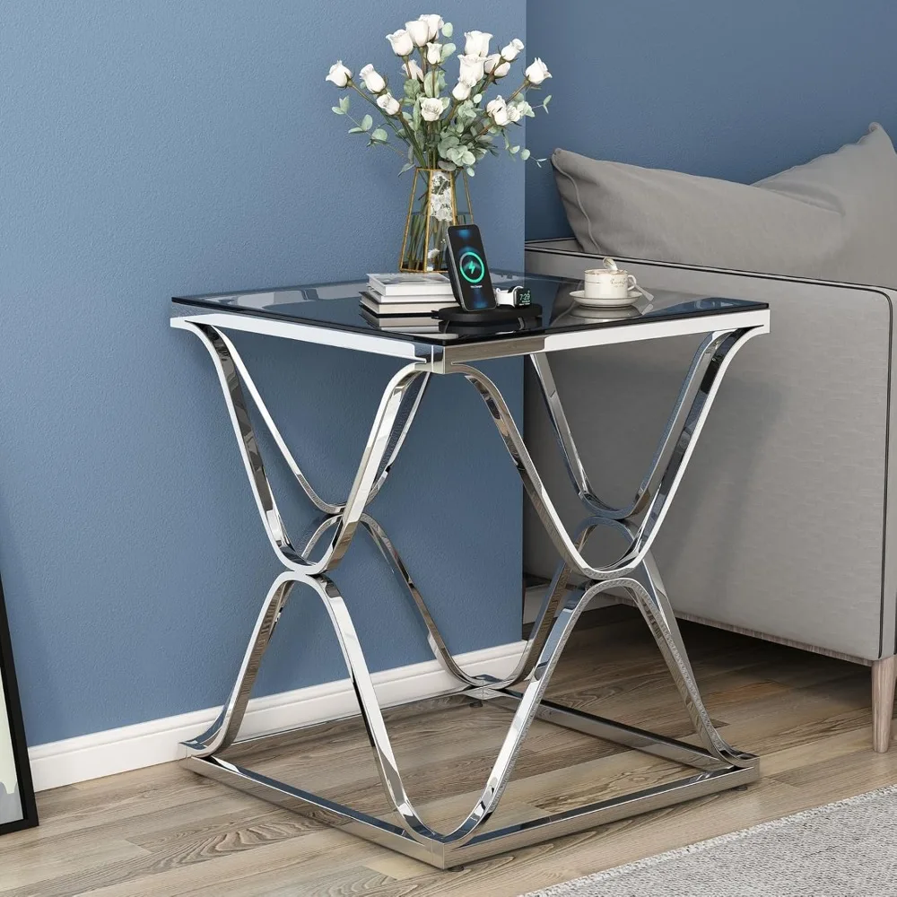 

Glass End Table for Living Room, Silver Side Table with Tempered Glass Top and Chrome Frame, Square Nightstand for Bedroom