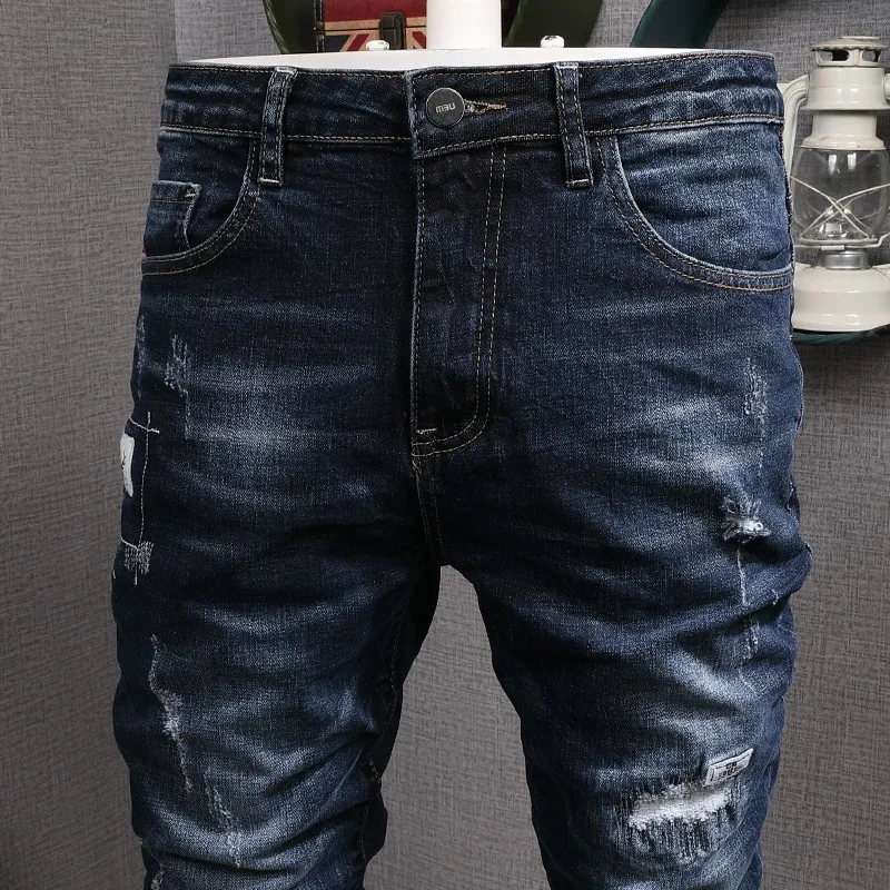 Fashion Designer Men Jeans Retro Dark Blue Elastic Stretch Slim Ripped Jeans Men Korean Style Vintage Denim Pencil Pants Hombre