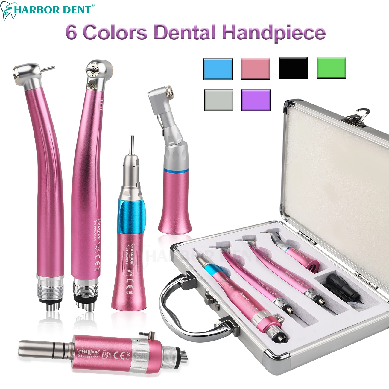 6Colors Dental High Low Speed Handpiece Kit With Metal Box Push Putton 1:1 Contra Angle Air Motor 2/4 Holes Dentist Equipment