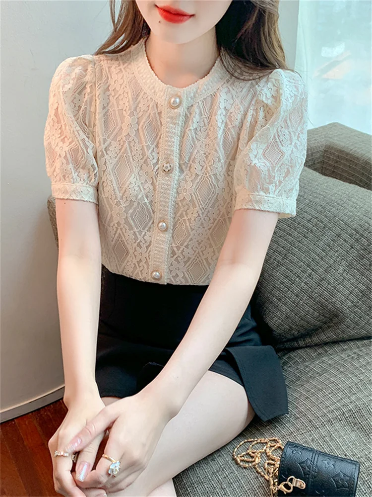 

Шикарный кружевной топ с вырезами и коротким рукавом, круглый вырез горловины, женская молодежная базовая блузка, летняя новинка, модный фейри-стиль