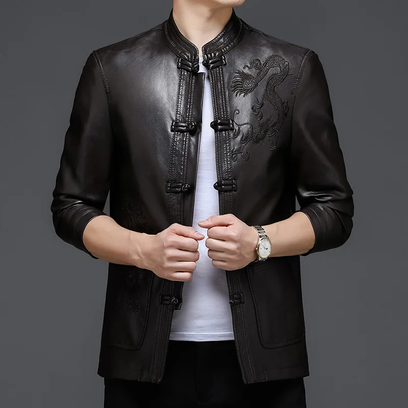 Top Grade Men Leather Jacket 2023 New Autumn and Spring Business Casual Classic Embroidered Pu Motorcycle Coat