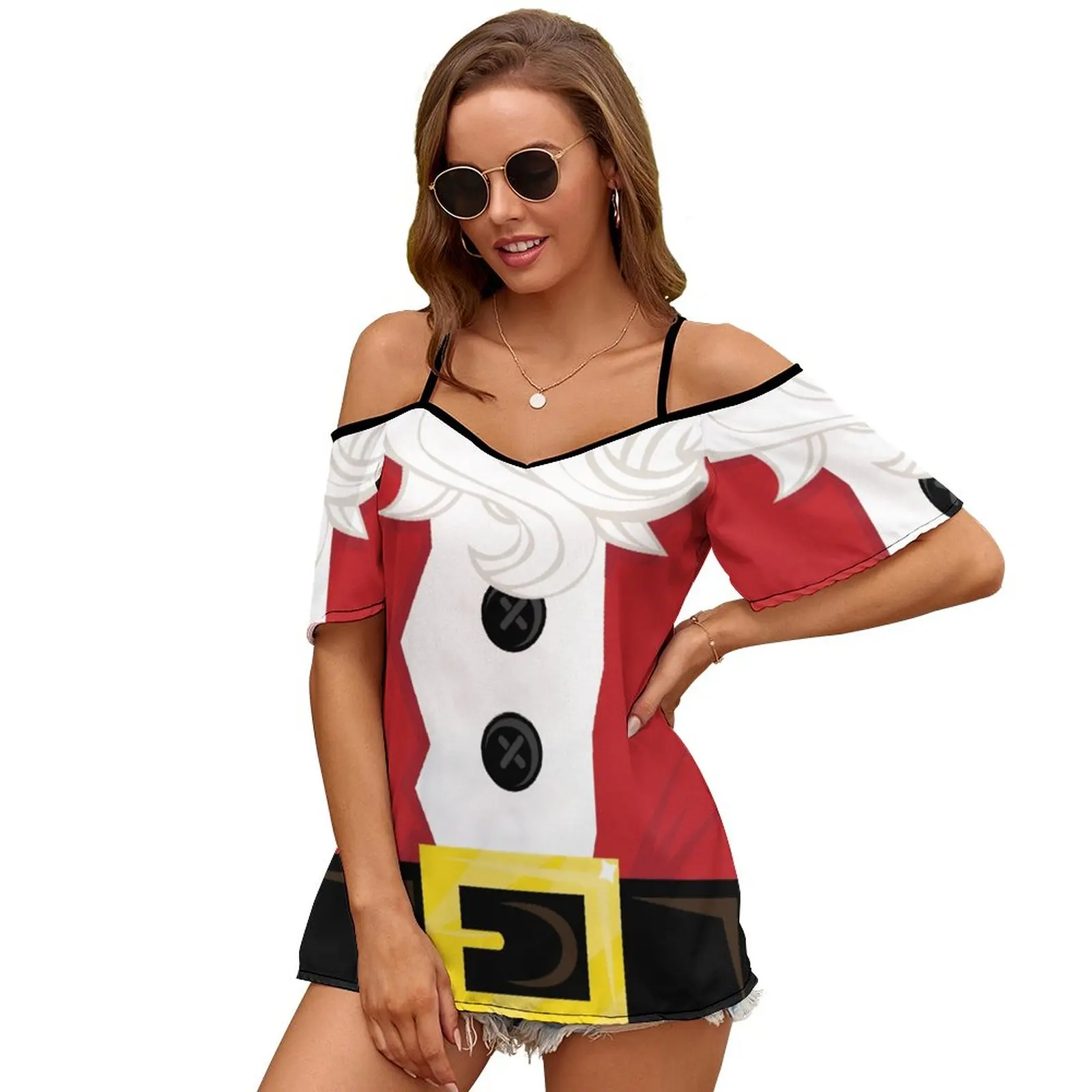 Xmas Santa Belly Print O-Neck Off-The-Shoulder Top Short-Sleeved T-Shirt Ladies Streetwear Santa Claus Santa Father Christmas