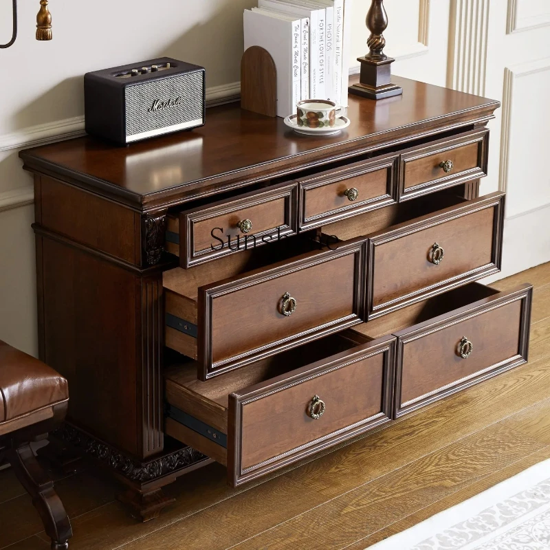 

American solid wood retro living room bedroom bedside carved villa storage storage drawer cabinet