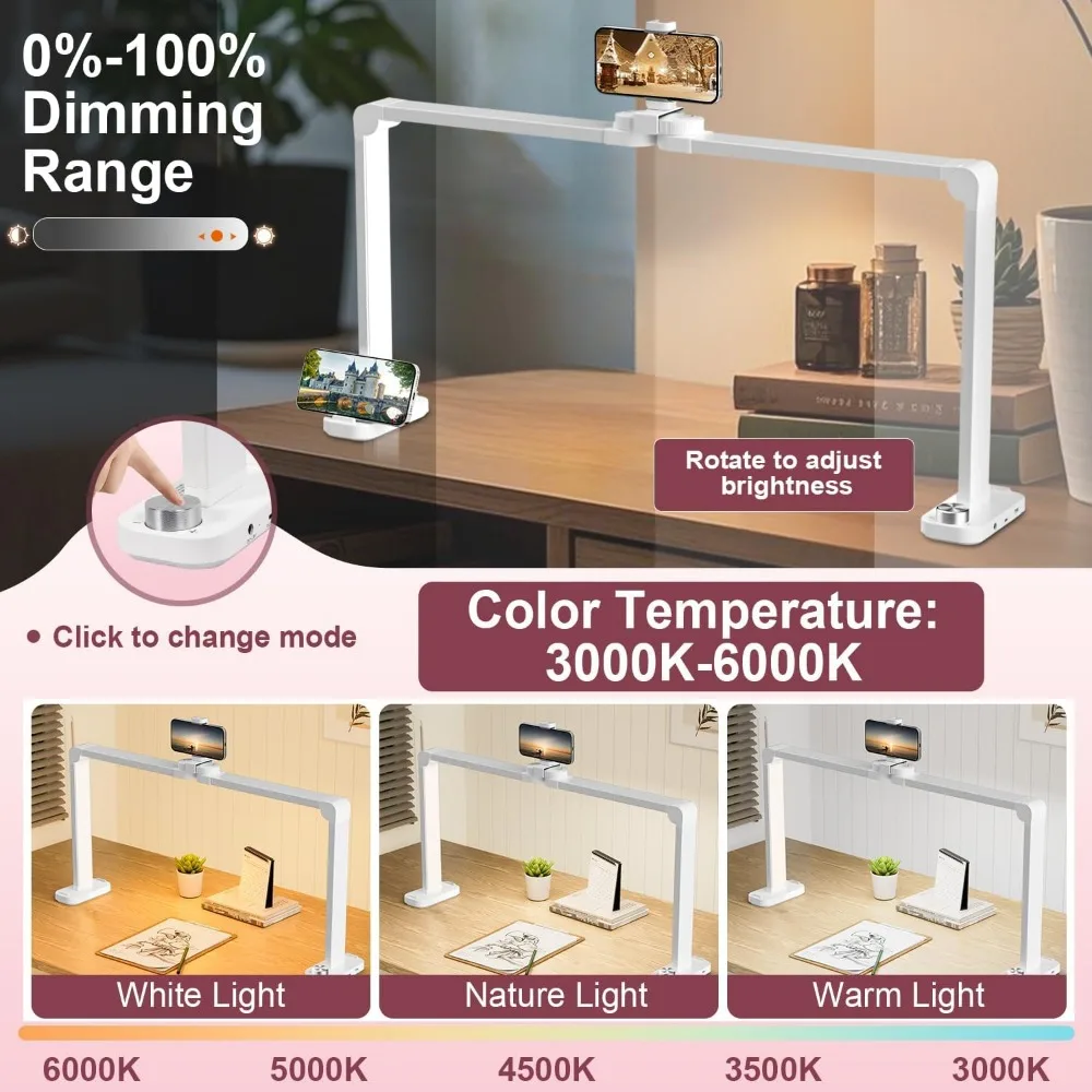 LED-Schreibtischlampe mit einstellbarer Helligkeit, 34-Nägel-Tech-Licht und Telefonhalter, 0–100 % Dimmung, 3000 K–6000 K Farbtemperatur