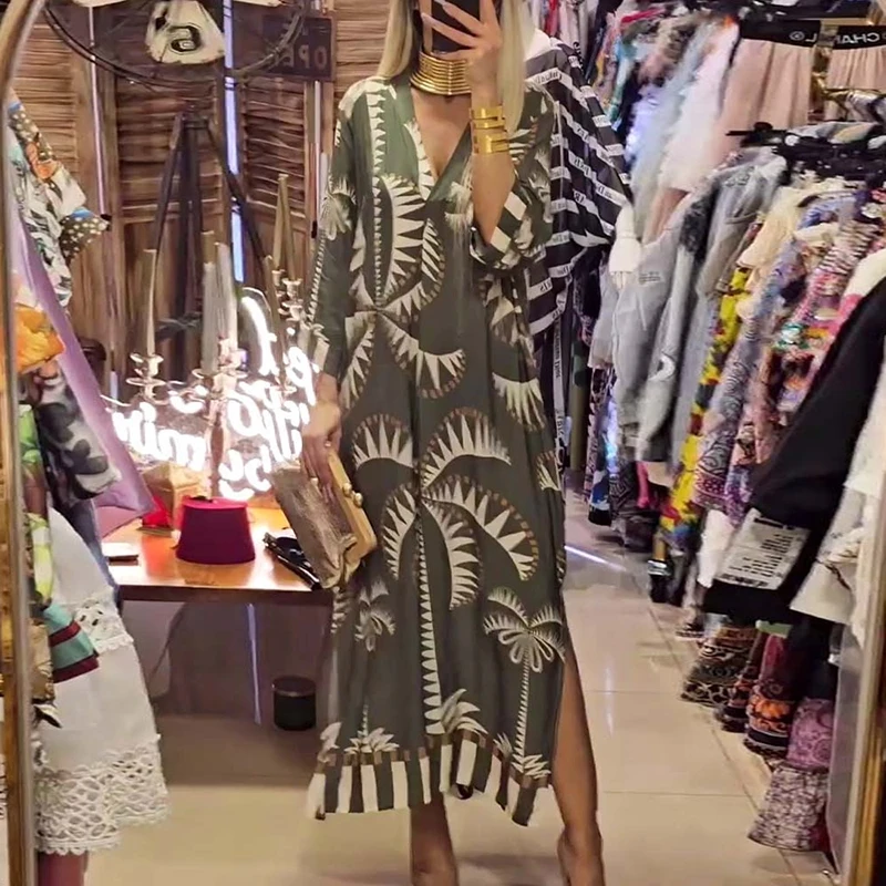 Womens Vintage Pattern Print Side Split Long Dress Spring Deep V Neck Loose Commuter Dress Autumn 3/4 Sleeve A-Line Maxi Dresses