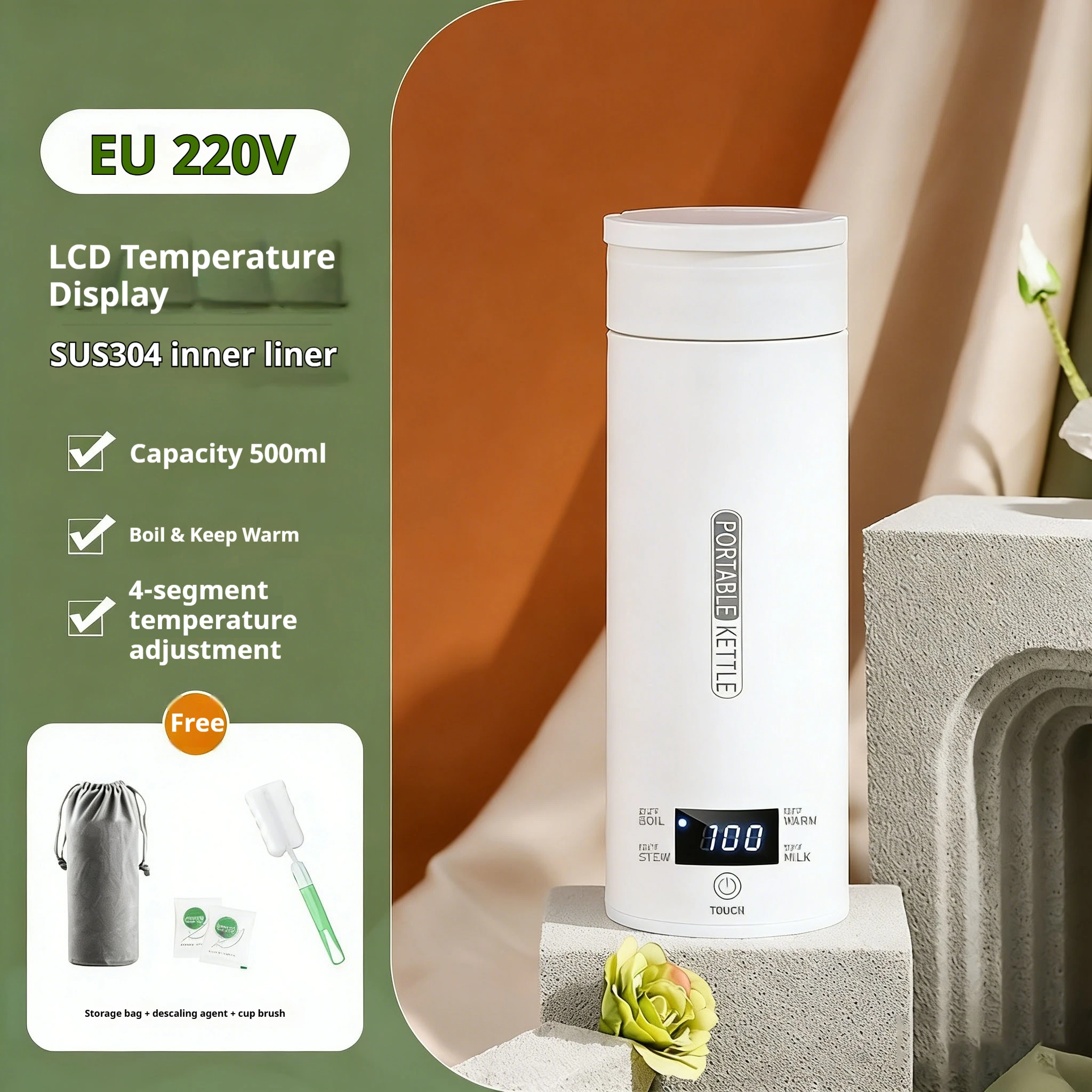 Hervidor Eléctrico Portátil de 450 ml, Taza Térmica para Té y Café, Hervidor de Agua de Viaje, Botella de Agua Anti-Escaldaduras, Menú en Inglés