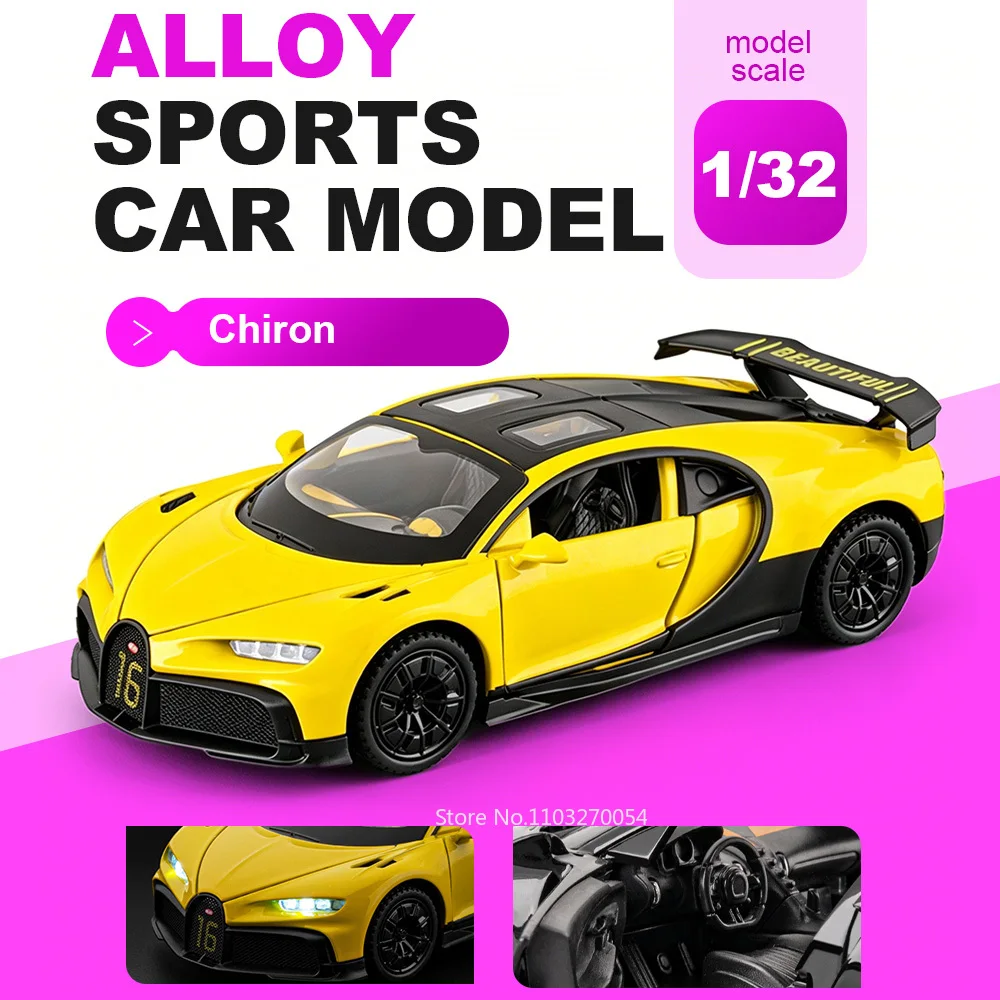 

1:32 Chiron Bolide Sports Car Models Alloy Diecast Toys with Sound Light Pull Back Doors Opened Miniature Vechies Friends Gifts