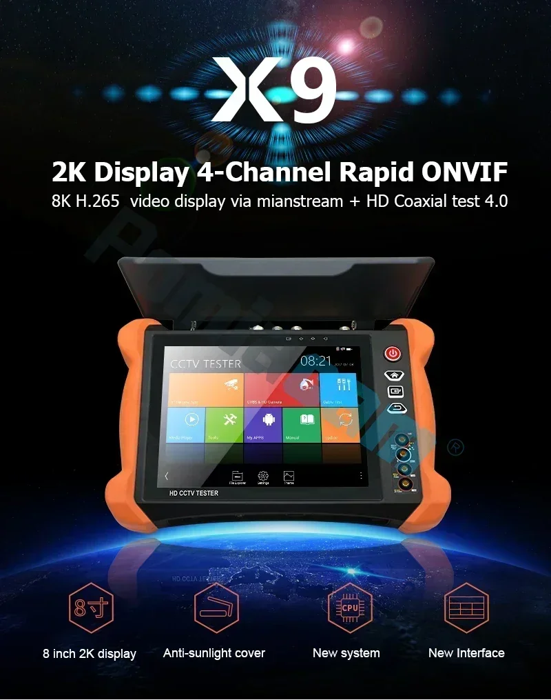 

X9-MOVTADHS Pro 8K H.265 H.264 IP camera tester 8MP TVI AHD CVI camera tester with POE++ Max 90W Power Output POE Camera Tester