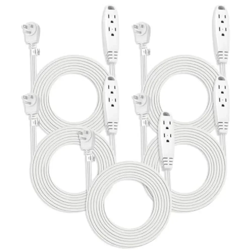 10ft Flat Indoor 3-Outlet Extension Cord 16AWG UL Listed White PVC Insulated Triple Wire Plug 125V Rated 1625W Power Outlet Plug