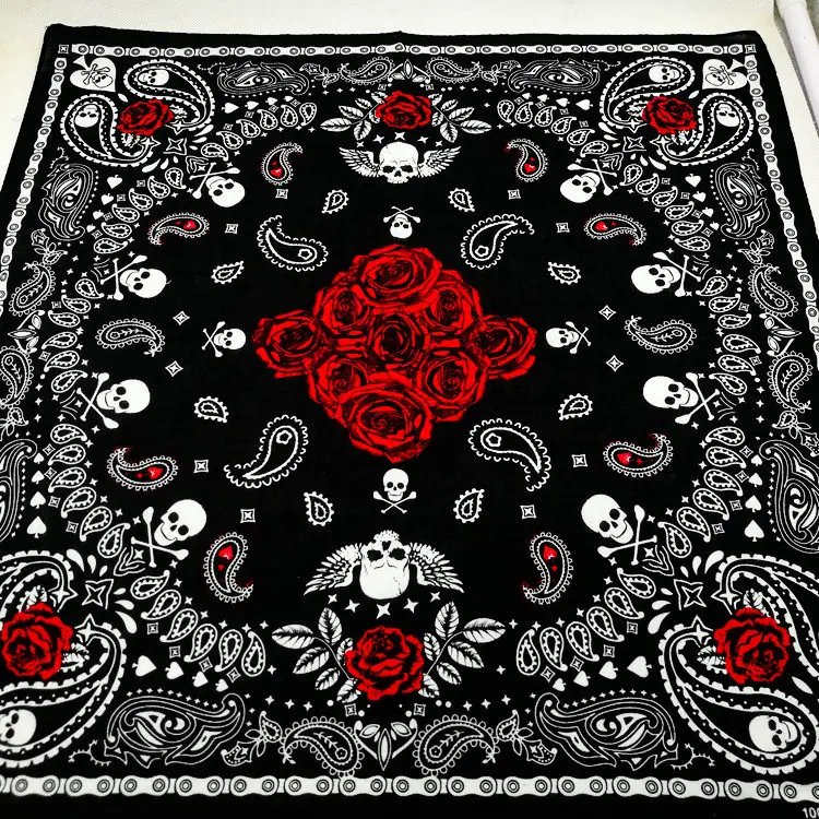 Red Rose Poker Skull Cotton Scarf Headscarf Hairband Street Dance Unisex Hip Hop Multi-Use Square Scarf for All Ages