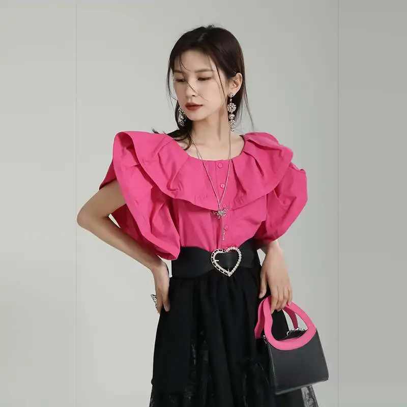 قميص Zhonhuang Rizhen للسيدات بتصميم Sense لون نقي ورقبة دائرية وأكمام قصيرة وألياف بوليستر 00% لموسم الربيع