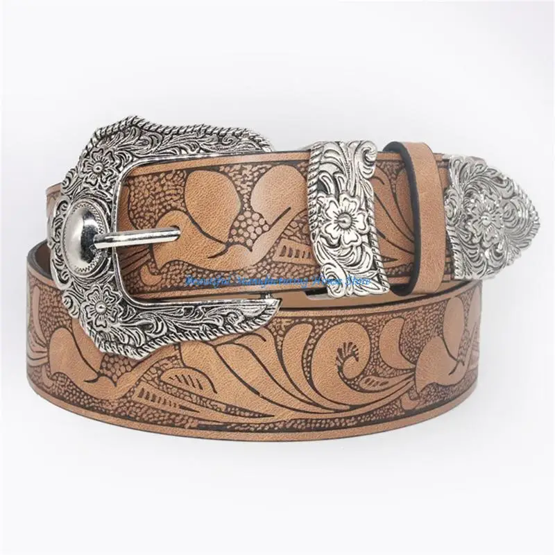 

E56A Brown Waist Chain Cowgirl Embossing Belt for Women Prom Banquet Club Party